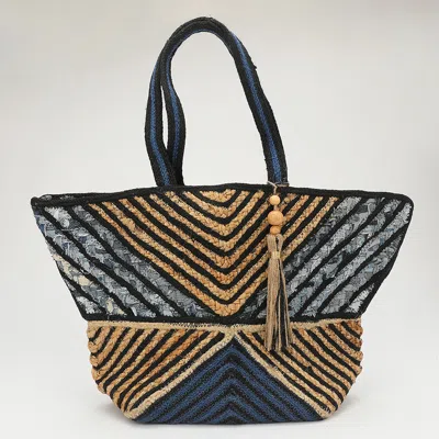 Fashnzfab Chevron Woven Wooden Tassel Straw Tote Bag In Multi