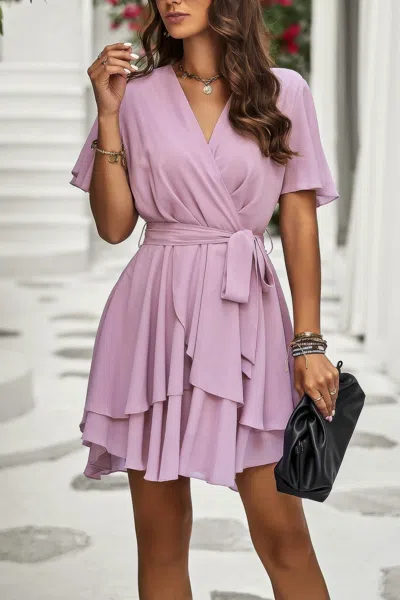 Fashnzfab Chiffon Layer Hem Waist Tie Layer Hem Ruffle Dress In Pink