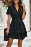 Fashnzfab Chiffon Layer Hem Waist Tie Layer Hem Ruffle Dress