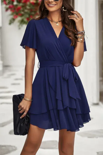 Fashnzfab Chiffon Layer Hem Waist Tie Layer Hem Ruffle Dress In Blue