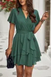 Fashnzfab Chiffon Layer Hem Waist Tie Layer Hem Ruffle Dress