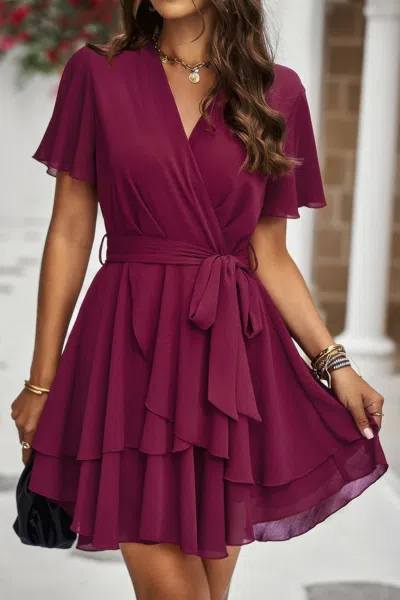 Fashnzfab Chiffon Layer Hem Waist Tie Layer Hem Ruffle Dress In Red
