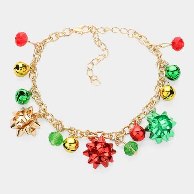 Fashnzfab Christmas Bow Bell Charm Bracelet Gold, Multi In Red