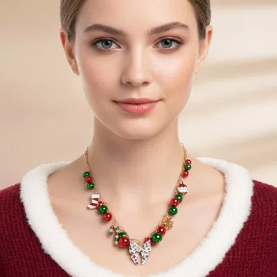 Fashnzfab Christmas Bow Candy Cane Sock Ornament Charm Embellished Necklace In Multi