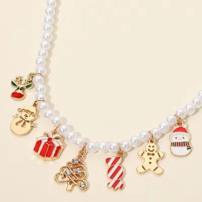 Fashnzfab Christmas Charm Beaded Pearl Necklace 15" + 3.25" L In Multi