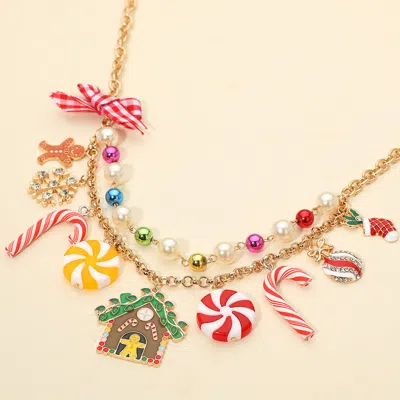 Fashnzfab Christmas Charm Bow Pearl Station Statement Necklace In Gold