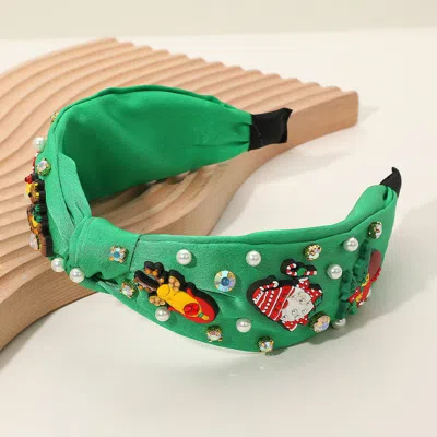 Fashnzfab Christmas Charm Pearl Teardrop Stone Embellished Knot Headband In Green