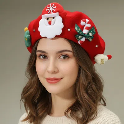 Fashnzfab Christmas Decoration Fuzzy Beret Hat In Red