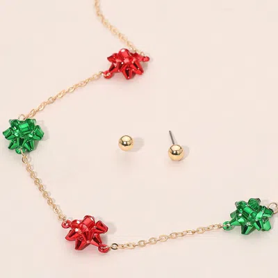 Fashnzfab Christmas Gift Bow Charm Link Station Necklace - Gold, Multi In Green