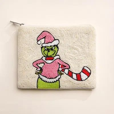 Fashnzfab Christmas Green Monster Seed Beaded Mini Pouch Bag In Multi