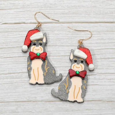 Fashnzfab Christmas Hat Bow Schnauzer Dog Dangle Earrings In Silver
