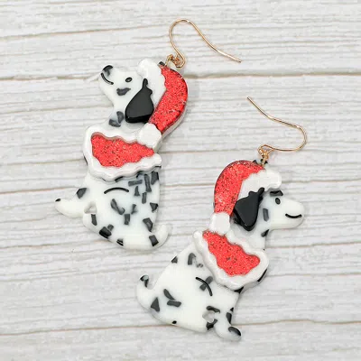Fashnzfab Christmas Hat Cape Dalmatian Dog Dangle Earrings In Pink