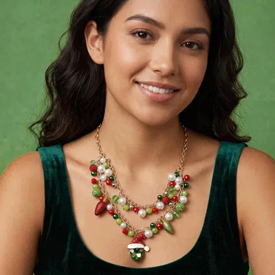 Fashnzfab Christmas Ornament Charm Pearl Beaded Layered Necklace In Multi