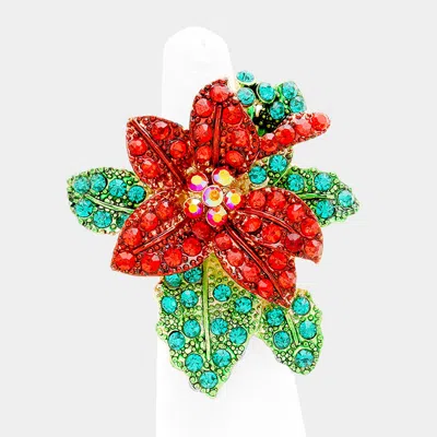 Fashnzfab Christmas Poinsettia Flower Stretch Ring - Gold, Green, Red In Brown