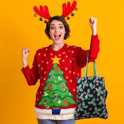 Fashnzfab Christmas Poinsettia Printed Foldable Eco Bag In Black