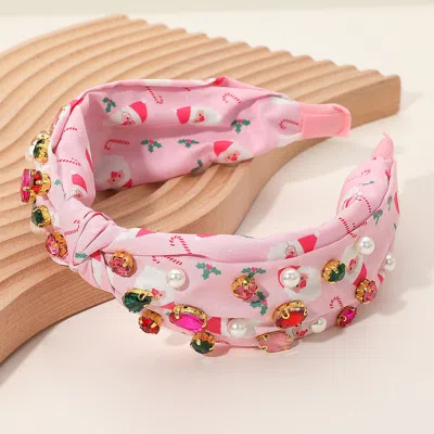 Fashnzfab Christmas Santa Printed Pearl Stone Cluster Embellished Knot Headband In Multi