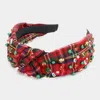Fashnzfab Christmas Socks Pearl Stone Embellished Knot Burnout Check Patterned Headband In Red