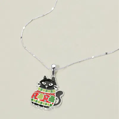 Fashnzfab Christmas Sweater Black Cat Pendant Necklace In Metallic