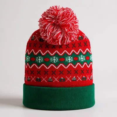 Fashnzfab Christmas Theme Pattern Pom Pom Winter Beanie Hat In Multi