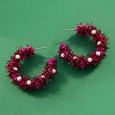 Fashnzfab Christmas Tinsel Hoop Earrings - Cream, Fuchsia In Multi