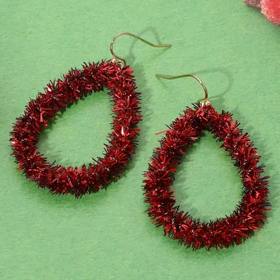 Fashnzfab Christmas Tinsel Open Teardrop Dangle Earrings In Red