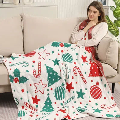 Fashnzfab Christmas Tree Candy Cane Star Patterned Reversible Throw Blanket