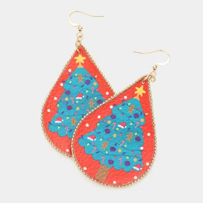 Fashnzfab Christmas Tree Print Faux Leather Teardrop Earrings - Multi