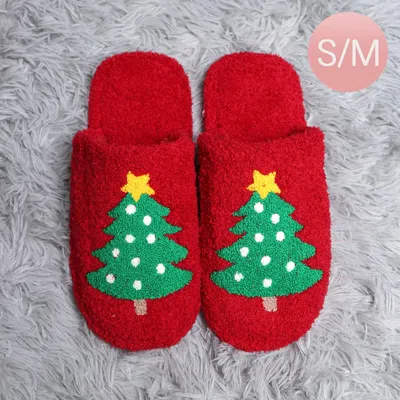 Fashnzfab Christmas Tree Print Soft Home Indoor Floor Slippers Red S/m