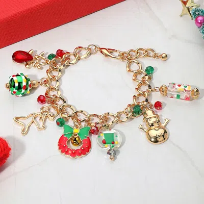 Fashnzfab Christmas Wreath Snowman Reindeer Festive Holiday Themed Charm Bracelet In Gold