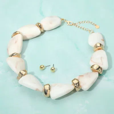 Fashnzfab Chunky Abstract Marbled Stone Beaded Statement Necklace In White
