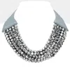 Fashnzfab Chunky Acrylic Beaded Multi Layered Faux Leather Necklace In Silver