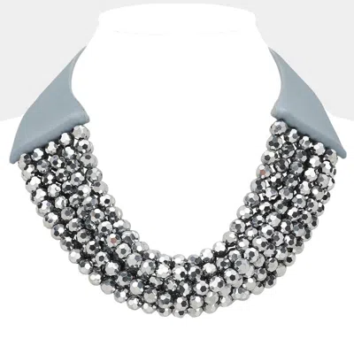 Fashnzfab Chunky Acrylic Beaded Multi Layered Faux Leather Necklace In Silver