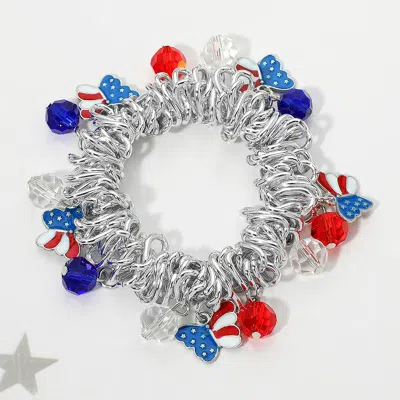 Fashnzfab Chunky American Usa Flag Butterfly Charm Beaded Stretch Bracelet In Metallic