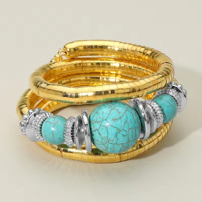 Fashnzfab Chunky Beads Accent Adjustable Coil Wrapped Bracelet Gold, Turquoise