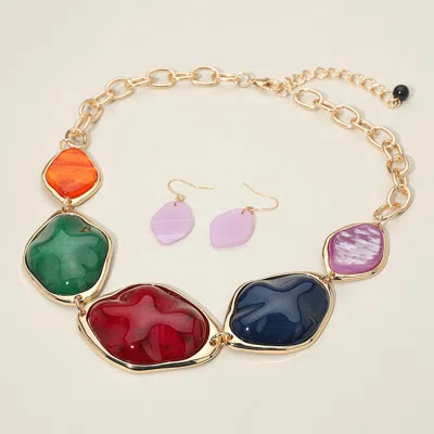 Fashnzfab Chunky Bold Resin Pebble Plate Link Statement Necklace - Multi