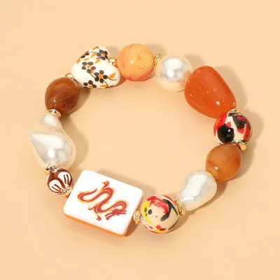Fashnzfab Chunky Decorative Mahjong Charm Pearl Floral Heart Beaded Stretch Bracelet In Multi