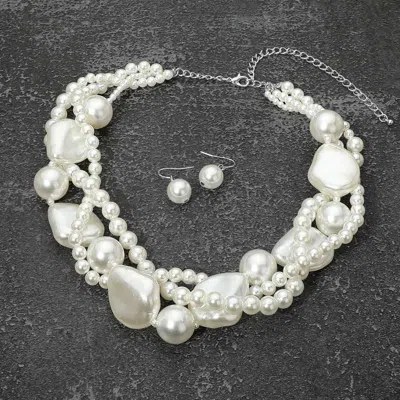Fashnzfab Chunky Faux Pearl Beaded Statement Necklace In White