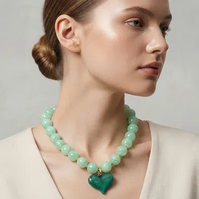 Fashnzfab Chunky Heart Pendant Beaded Necklace 18" + 3" L In Green