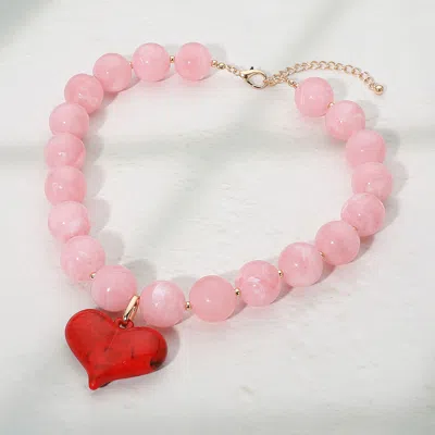 Fashnzfab Chunky Heart Pendant Beaded Necklace 18" + 3" L In Pink