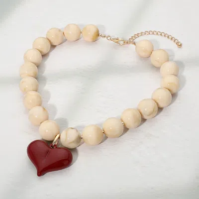 Fashnzfab Chunky Heart Pendant Beaded Necklace 18" + 3" L In White