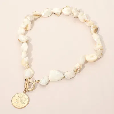 Fashnzfab Chunky Irregular Resin Pebble Beaded Coin Charm Toggle Statement Necklace In Neutral