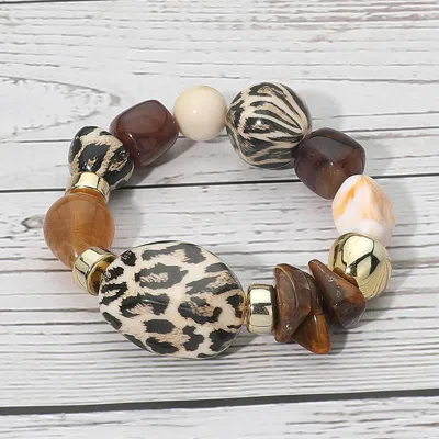 Fashnzfab Chunky Leopard Print Pebble Accent Beaded Stretch Bracelet In Brown