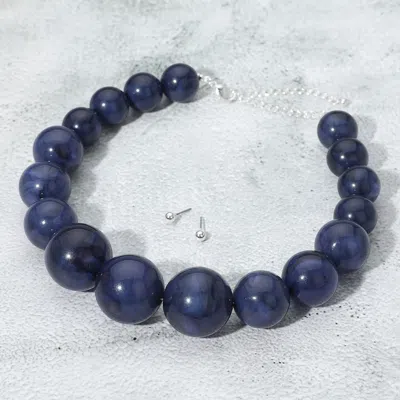 Fashnzfab Chunky Marbled Ball Beaded Bold Statement Necklace In Blue