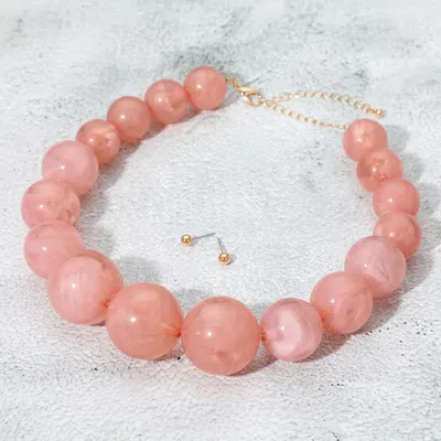 Fashnzfab Chunky Marbled Ball Beaded Bold Statement Necklace In Pink