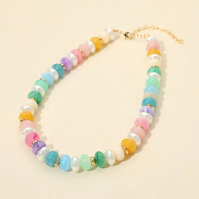 Fashnzfab Chunky Marbled Beads Pearl Beaded Statement Necklace In Blue