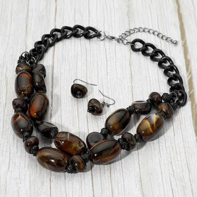 Fashnzfab Chunky Marbled Pebble Beaded Layered Statement Necklace - Black, Brown