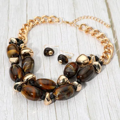 Fashnzfab Chunky Marbled Pebble Beaded Layered Statement Necklace - Brown, Gold
