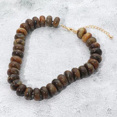 Fashnzfab Chunky Marbled Resin Disc Beaded Statement Necklace - Brown, Gold In Multi