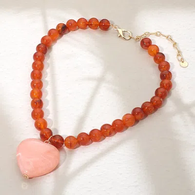Fashnzfab Chunky Marbled Resin Heart Charm Beaded Necklace In Brown