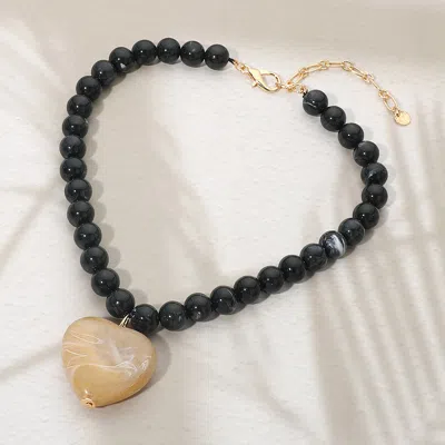 Fashnzfab Chunky Marbled Resin Heart Charm Beaded Necklace In Black